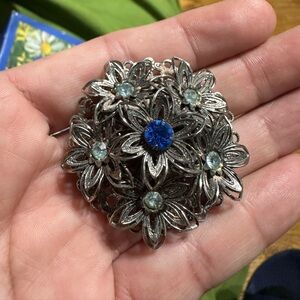 Vintage Silver Tone Blue Rhinestones Brooch
